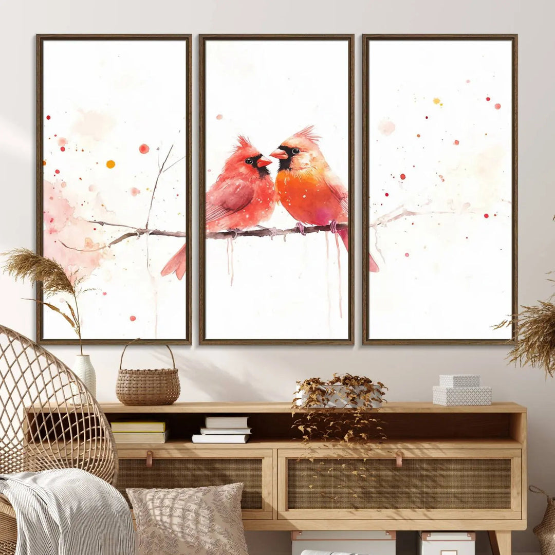 The "Cardinal Bird Canvas Wall Art - Male and Female Cardinal Print" brings charm to the cozy kitchen. Handmade in the USA, this nature-inspired art piece enhances the room's inviting atmosphere with its vibrant wildlife depiction.