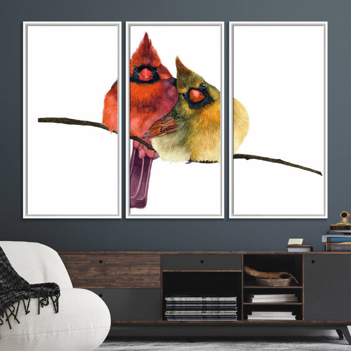 Vibrant Cardinal Bird Canvas Wall Art, featuring male and female cardinals, perfect nature-inspired decor with wildlife accents.