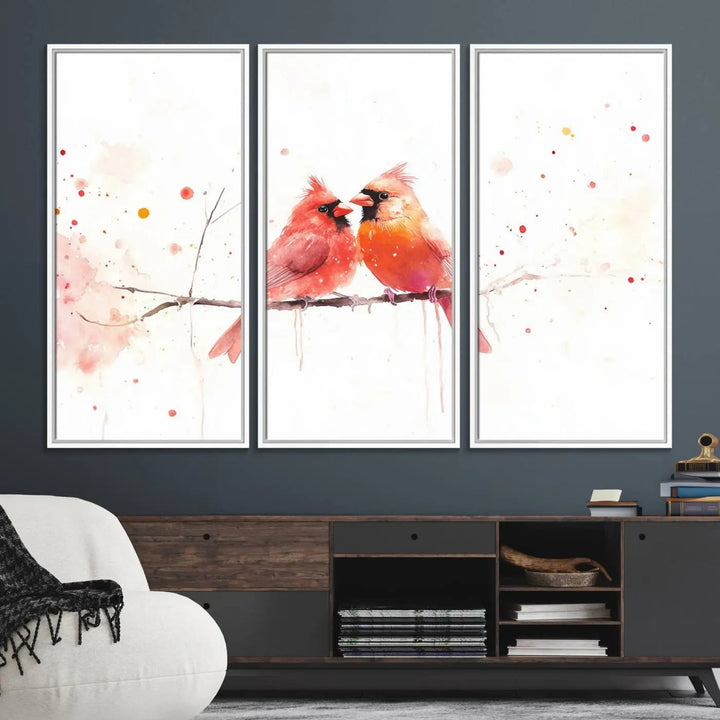 The "Cardinal Bird Canvas Wall Art - Male and Female Cardinal Print" brings charm to the cozy kitchen. Handmade in the USA, this nature-inspired art piece enhances the room's inviting atmosphere with its vibrant wildlife depiction.