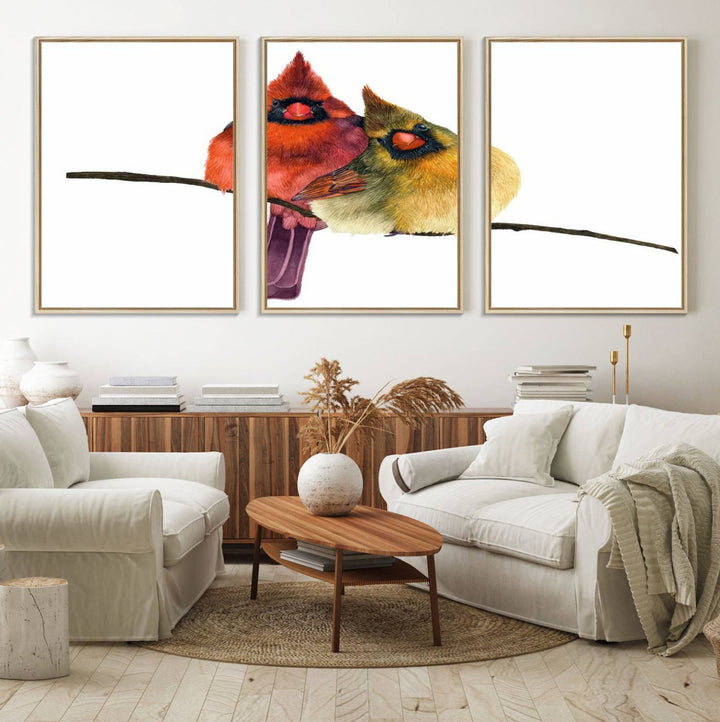 Vibrant Cardinal Bird Canvas Wall Art, featuring male and female cardinals, perfect nature-inspired decor with wildlife accents.