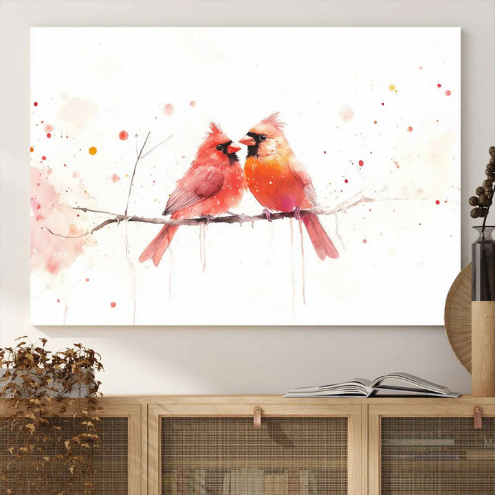 The "Cardinal Bird Canvas Wall Art - Male and Female Cardinal Print" brings charm to the cozy kitchen. Handmade in the USA, this nature-inspired art piece enhances the room's inviting atmosphere with its vibrant wildlife depiction.