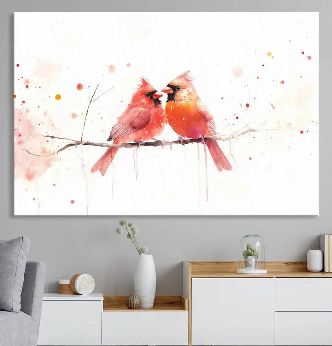 The "Cardinal Bird Canvas Wall Art - Male and Female Cardinal Print" brings charm to the cozy kitchen. Handmade in the USA, this nature-inspired art piece enhances the room's inviting atmosphere with its vibrant wildlife depiction.