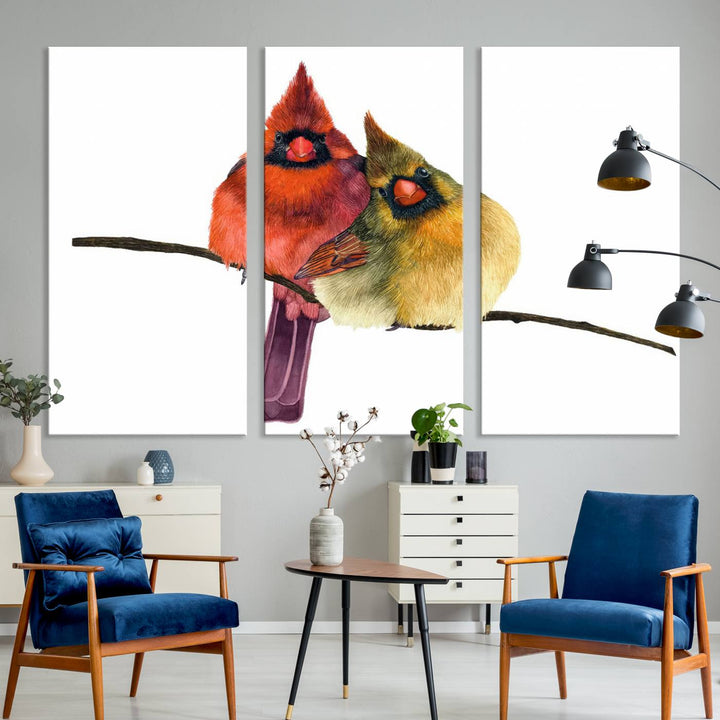 Vibrant Cardinal Bird Canvas Wall Art, featuring male and female cardinals, perfect nature-inspired decor with wildlife accents.