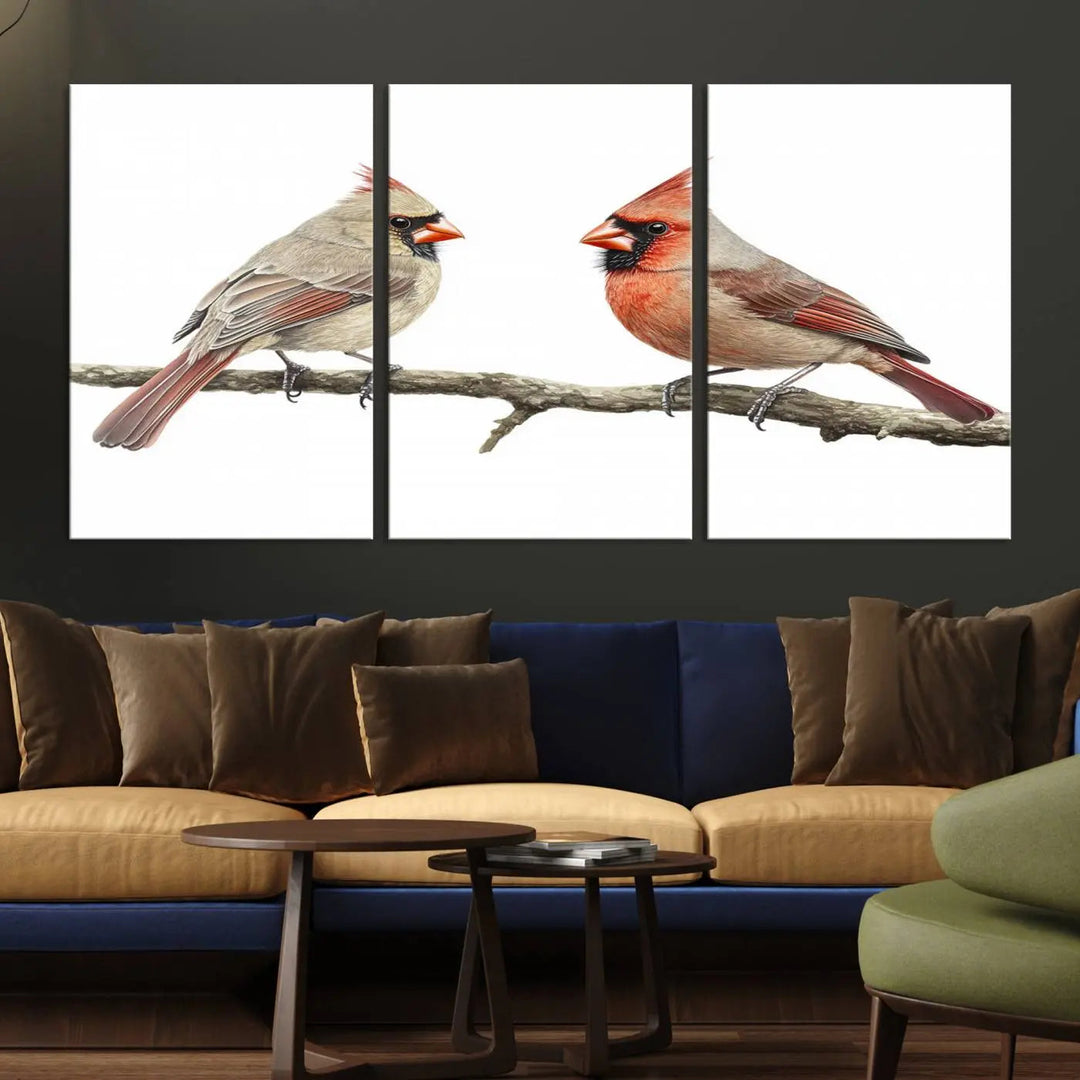 The Cardinal Canvas Wall Art enhances a stylish living room with vibrant nature-inspired cardinals.