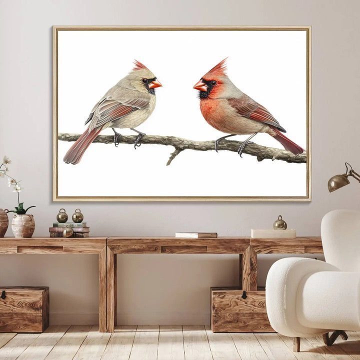 The Cardinal Canvas Wall Art enhances a stylish living room with vibrant nature-inspired cardinals.