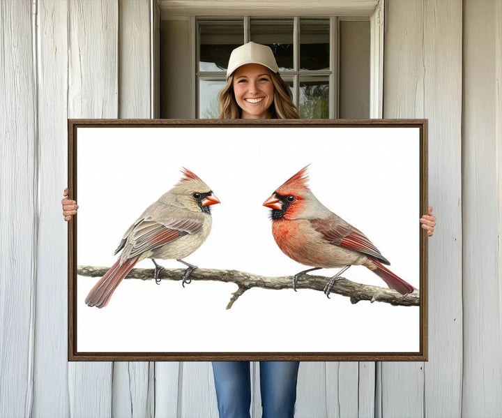 The Cardinal Canvas Wall Art enhances a stylish living room with vibrant nature-inspired cardinals.