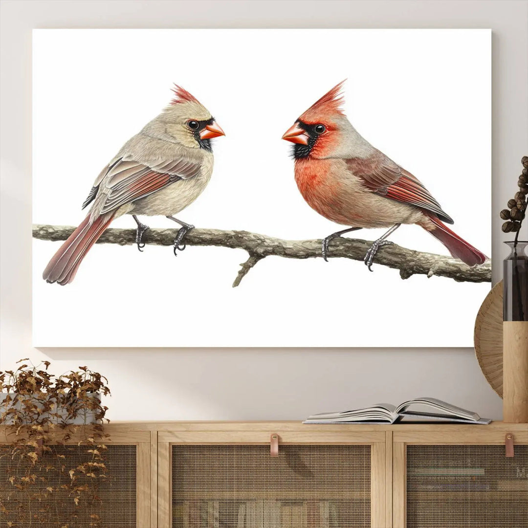 The Cardinal Canvas Wall Art enhances a stylish living room with vibrant nature-inspired cardinals.