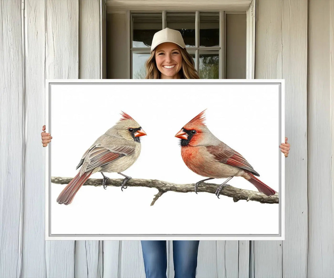 The Cardinal Canvas Wall Art enhances a stylish living room with vibrant nature-inspired cardinals.