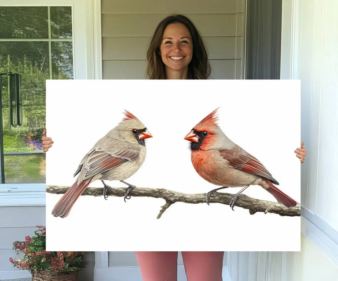 The Cardinal Canvas Wall Art enhances a stylish living room with vibrant nature-inspired cardinals.