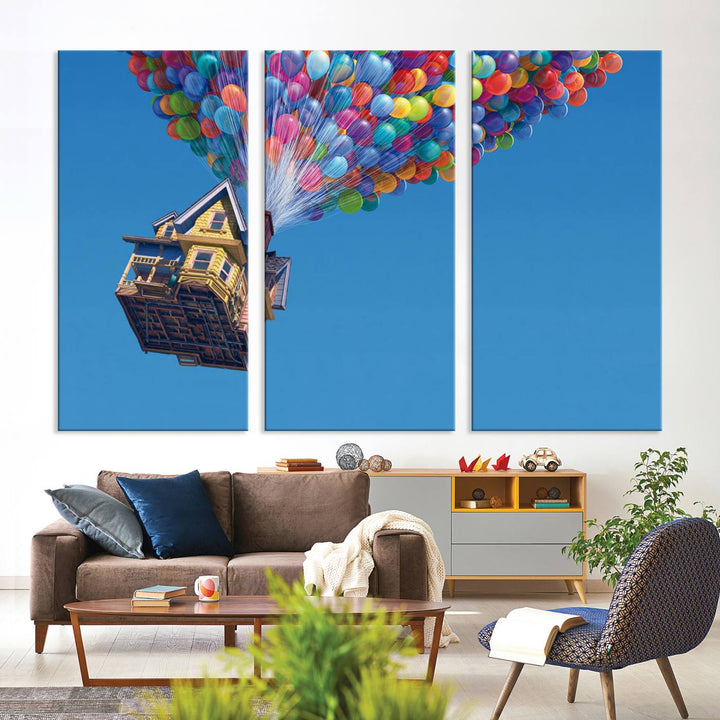 The "Carl Fredricksen, Up Movie Wall Art" features a three-panel design with a house lifted by colorful balloons, adding whimsical decor to any space.