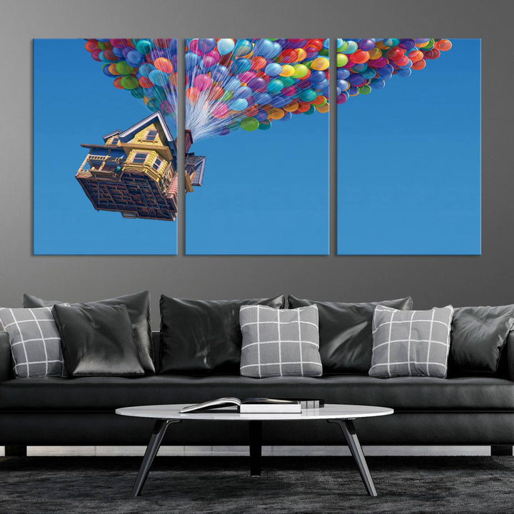 The "Carl Fredricksen, Up Movie Wall Art" features a three-panel design with a house lifted by colorful balloons, adding whimsical decor to any space.