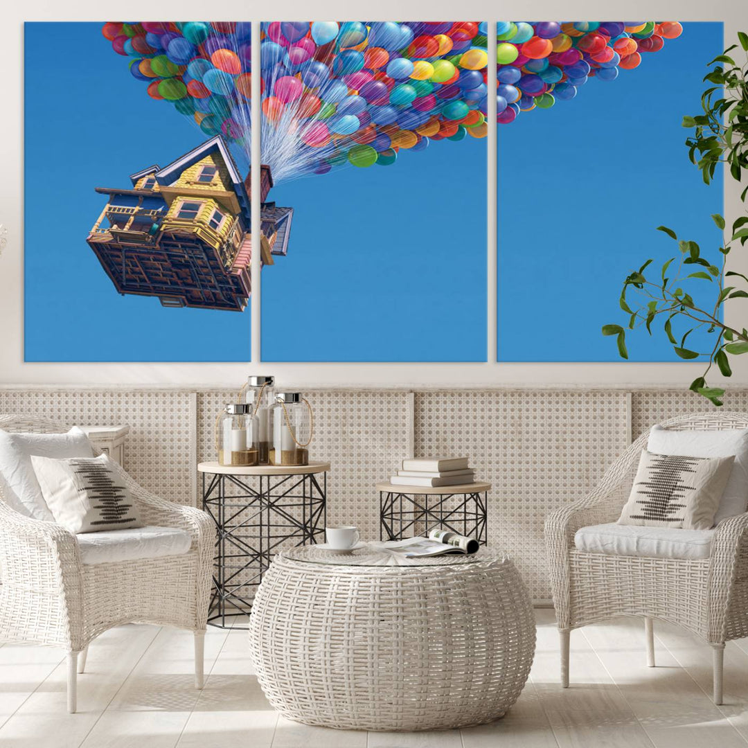 The "Carl Fredricksen, Up Movie Wall Art" features a three-panel design with a house lifted by colorful balloons, adding whimsical decor to any space.