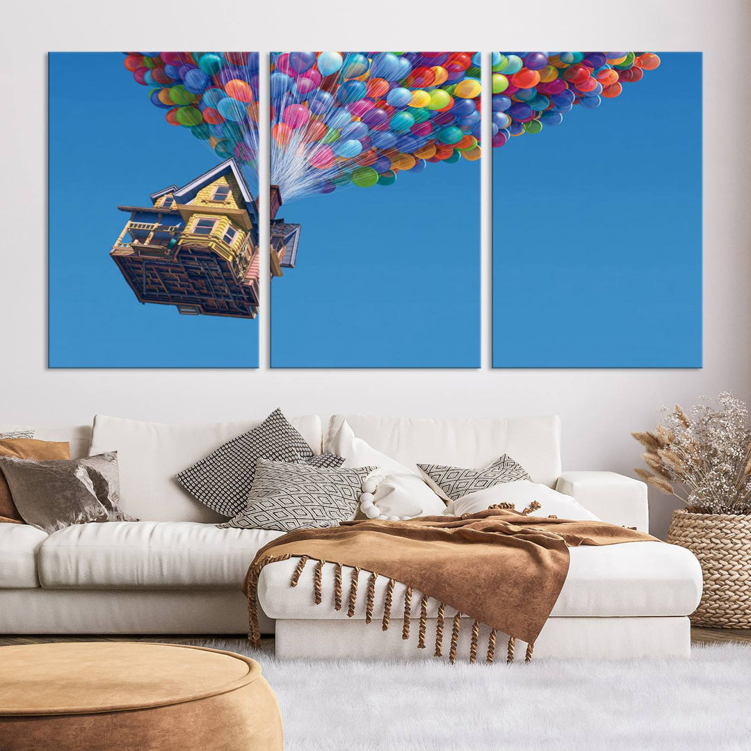 The "Carl Fredricksen, Up Movie Wall Art" features a three-panel design with a house lifted by colorful balloons, adding whimsical decor to any space.