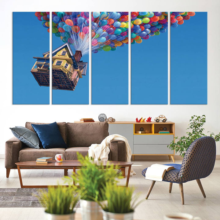 The "Carl Fredricksen, Up Movie Wall Art" features a three-panel design with a house lifted by colorful balloons, adding whimsical decor to any space.