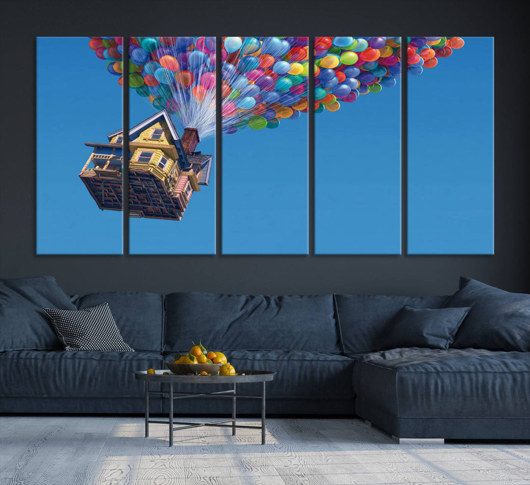 The "Carl Fredricksen, Up Movie Wall Art" features a three-panel design with a house lifted by colorful balloons, adding whimsical decor to any space.