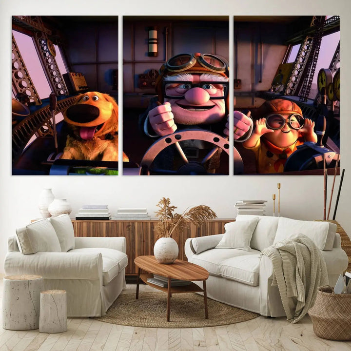 This three-panel wall art, titled "Carl Russel and Dog," features the beloved characters from the movie "Up" in a whimsical airplane cockpit scene, adding a playful touch to any room.