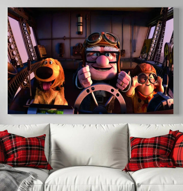 This three-panel wall art, titled "Carl Russel and Dog," features the beloved characters from the movie "Up" in a whimsical airplane cockpit scene, adding a playful touch to any room.