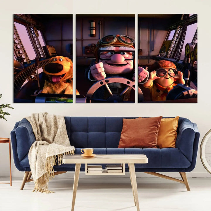 This three-panel wall art, titled "Carl Russel and Dog," features the beloved characters from the movie "Up" in a whimsical airplane cockpit scene, adding a playful touch to any room.