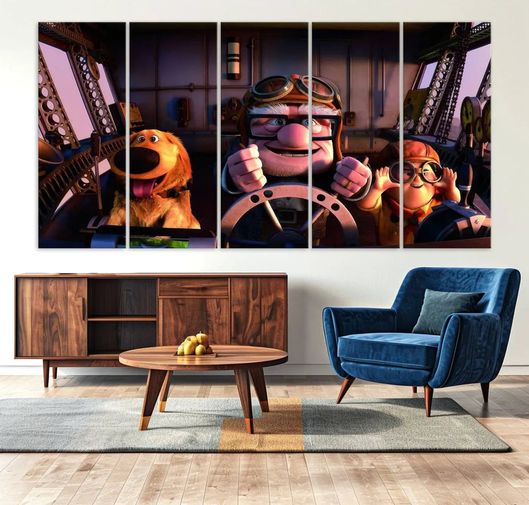 This three-panel wall art, titled "Carl Russel and Dog," features the beloved characters from the movie "Up" in a whimsical airplane cockpit scene, adding a playful touch to any room.