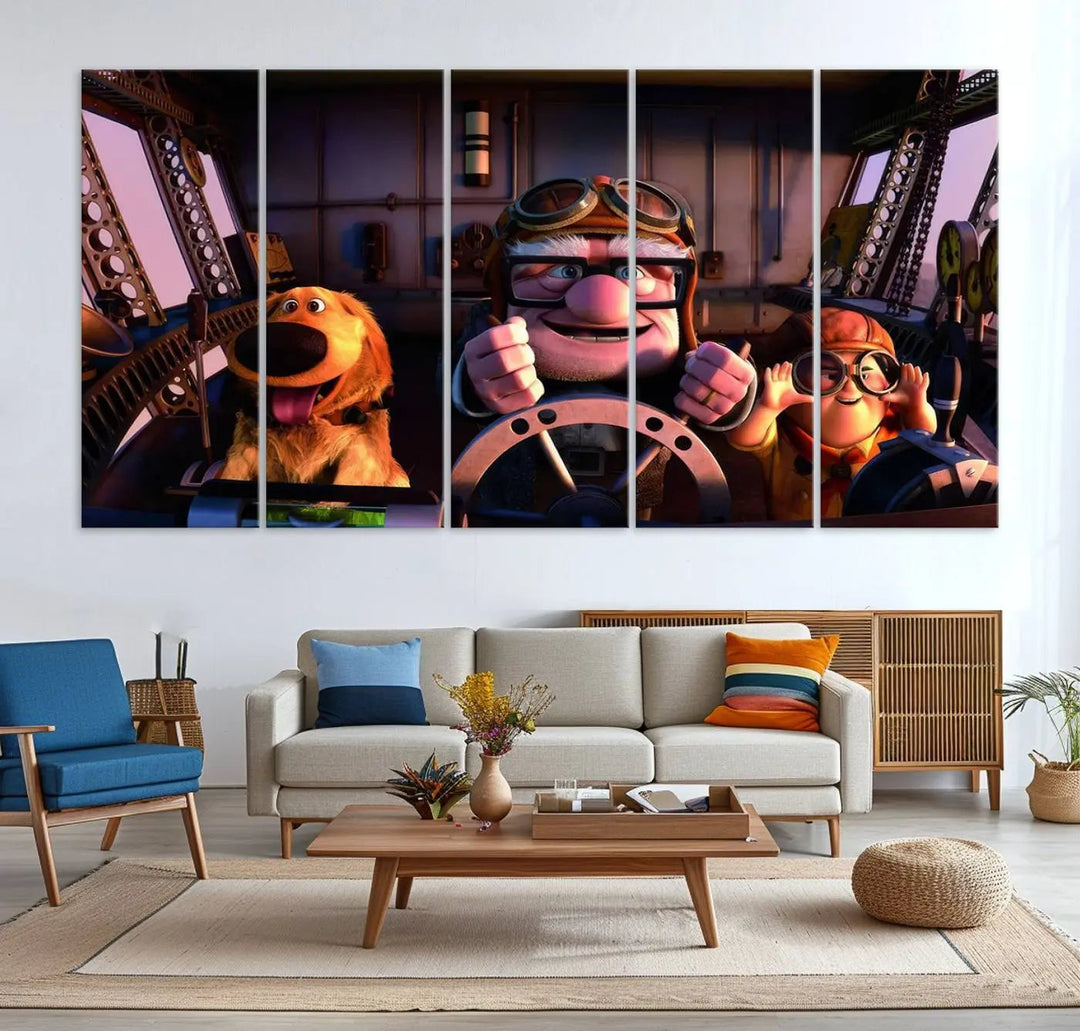 This three-panel wall art, titled "Carl Russel and Dog," features the beloved characters from the movie "Up" in a whimsical airplane cockpit scene, adding a playful touch to any room.