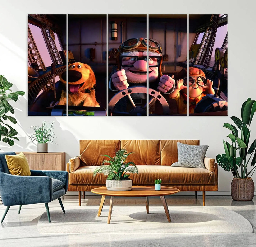 This three-panel wall art, titled "Carl Russel and Dog," features the beloved characters from the movie "Up" in a whimsical airplane cockpit scene, adding a playful touch to any room.