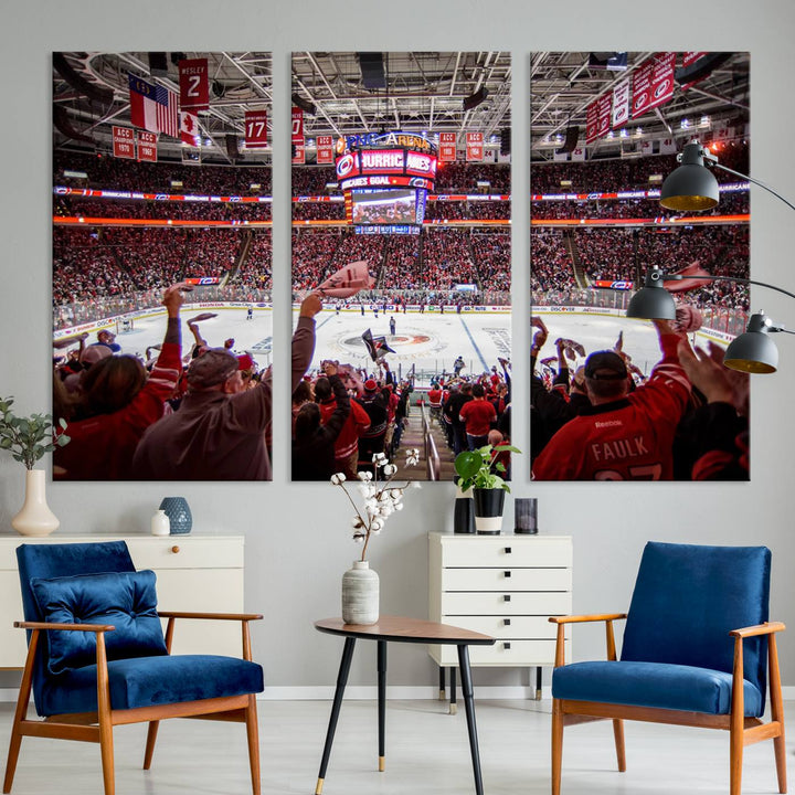 A museum-quality canvas print captures the excitement of hockey enthusiasts cheering in a bustling arena. This artwork provides a vibrant depiction of the Carolina Hurricanes Ice Hockey Stadium.