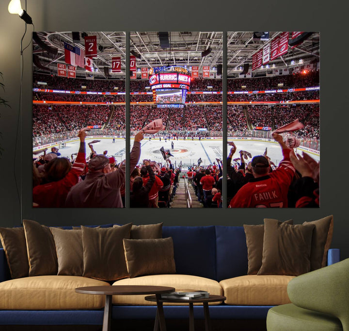 A museum-quality canvas print captures the excitement of hockey enthusiasts cheering in a bustling arena. This artwork provides a vibrant depiction of the Carolina Hurricanes Ice Hockey Stadium.