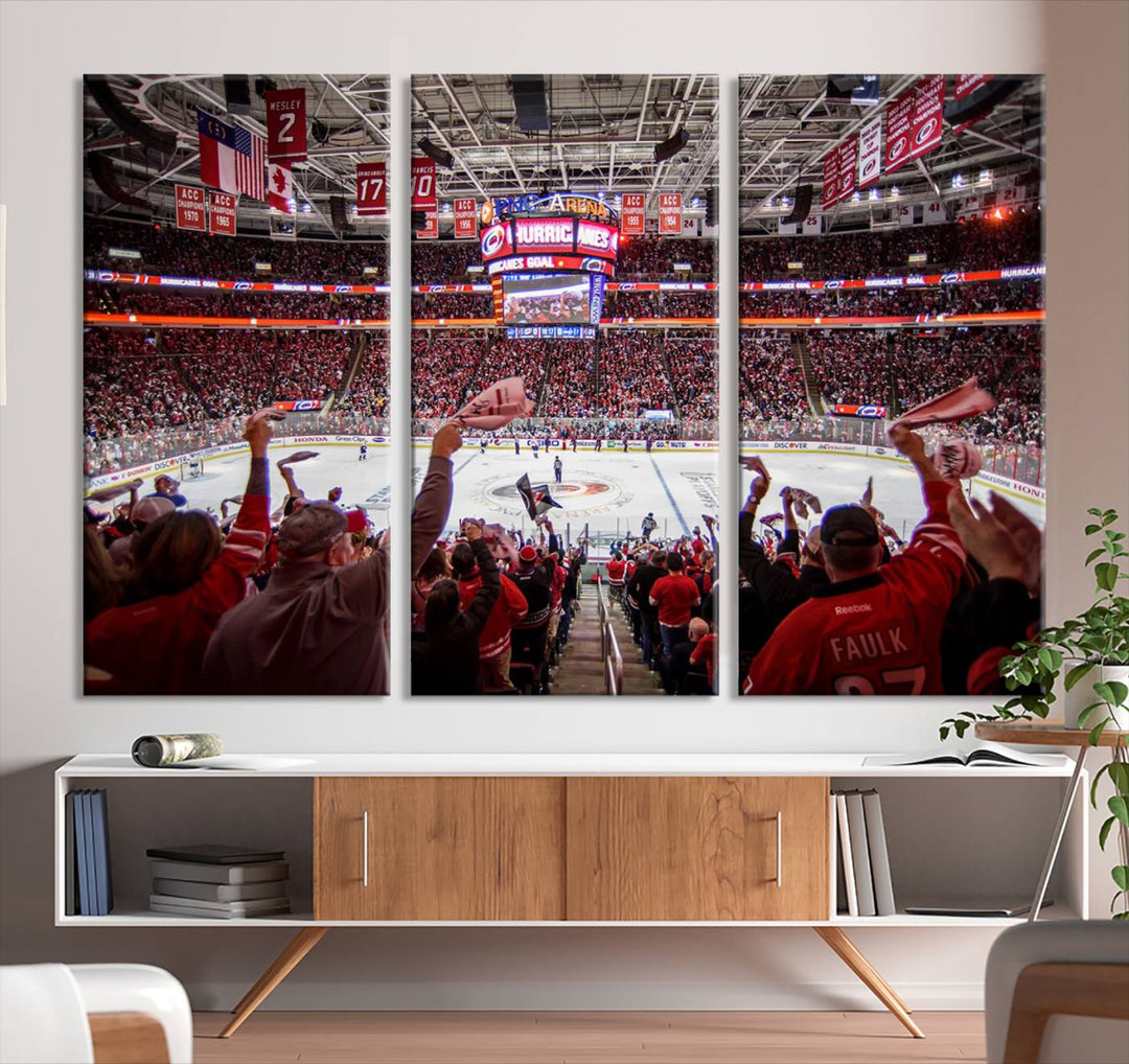 A museum-quality canvas print captures the excitement of hockey enthusiasts cheering in a bustling arena. This artwork provides a vibrant depiction of the Carolina Hurricanes Ice Hockey Stadium.