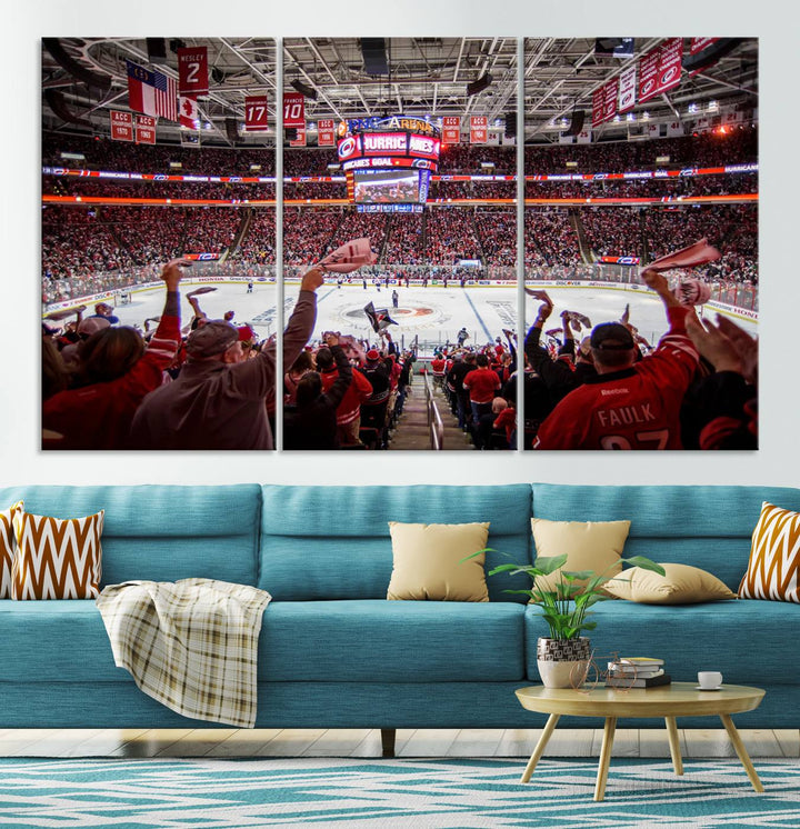 A museum-quality canvas print captures the excitement of hockey enthusiasts cheering in a bustling arena. This artwork provides a vibrant depiction of the Carolina Hurricanes Ice Hockey Stadium.