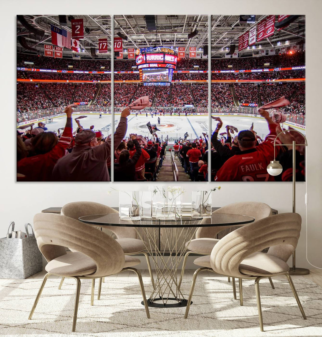 A museum-quality canvas print captures the excitement of hockey enthusiasts cheering in a bustling arena. This artwork provides a vibrant depiction of the Carolina Hurricanes Ice Hockey Stadium.