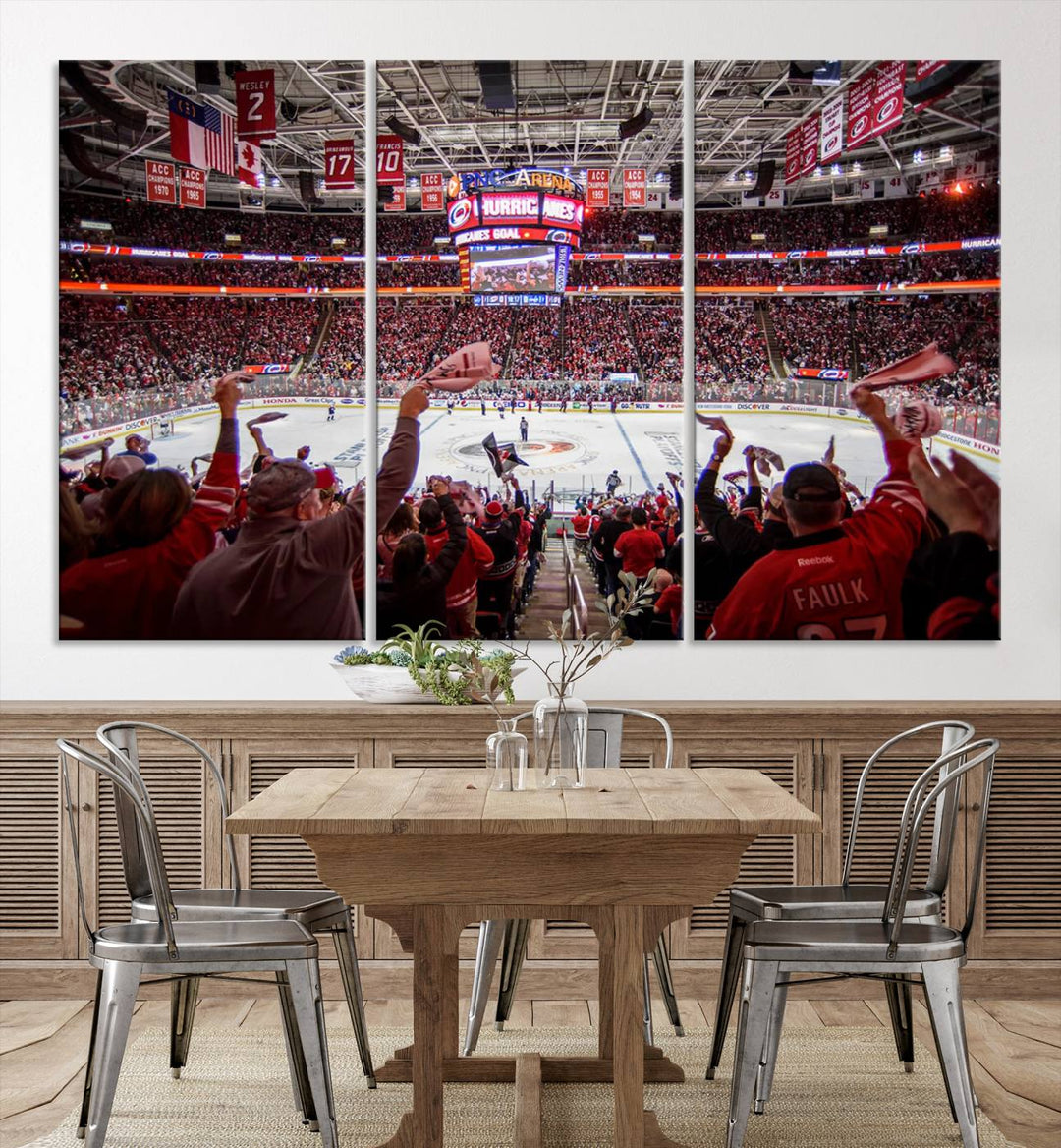 A museum-quality canvas print captures the excitement of hockey enthusiasts cheering in a bustling arena. This artwork provides a vibrant depiction of the Carolina Hurricanes Ice Hockey Stadium.