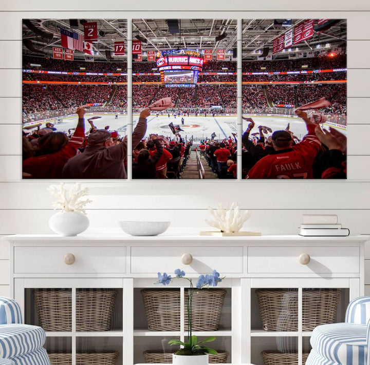 A museum-quality canvas print captures the excitement of hockey enthusiasts cheering in a bustling arena. This artwork provides a vibrant depiction of the Carolina Hurricanes Ice Hockey Stadium.