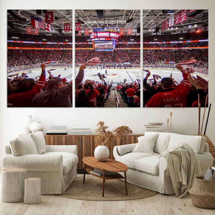 A museum-quality canvas print captures the excitement of hockey enthusiasts cheering in a bustling arena. This artwork provides a vibrant depiction of the Carolina Hurricanes Ice Hockey Stadium.