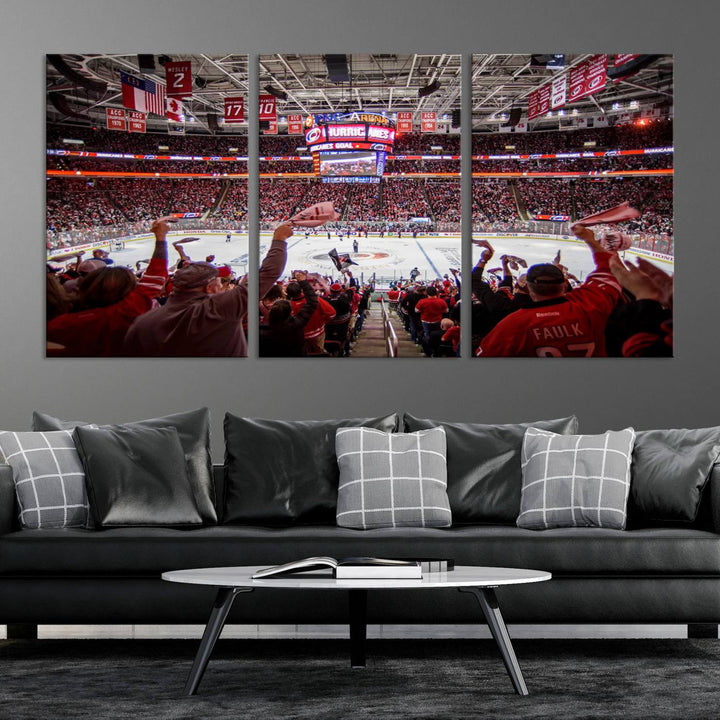 A museum-quality canvas print captures the excitement of hockey enthusiasts cheering in a bustling arena. This artwork provides a vibrant depiction of the Carolina Hurricanes Ice Hockey Stadium.