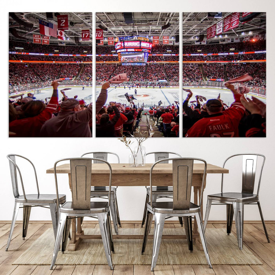 A museum-quality canvas print captures the excitement of hockey enthusiasts cheering in a bustling arena. This artwork provides a vibrant depiction of the Carolina Hurricanes Ice Hockey Stadium.