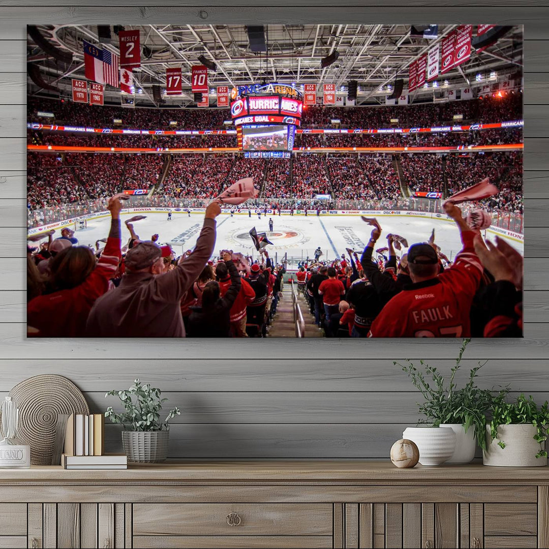 A museum-quality canvas print captures the excitement of hockey enthusiasts cheering in a bustling arena. This artwork provides a vibrant depiction of the Carolina Hurricanes Ice Hockey Stadium.