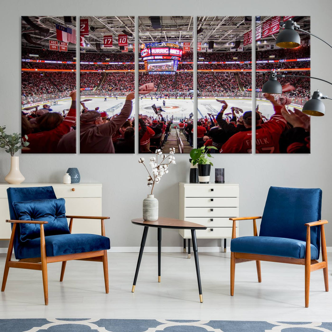 A museum-quality canvas print captures the excitement of hockey enthusiasts cheering in a bustling arena. This artwork provides a vibrant depiction of the Carolina Hurricanes Ice Hockey Stadium.