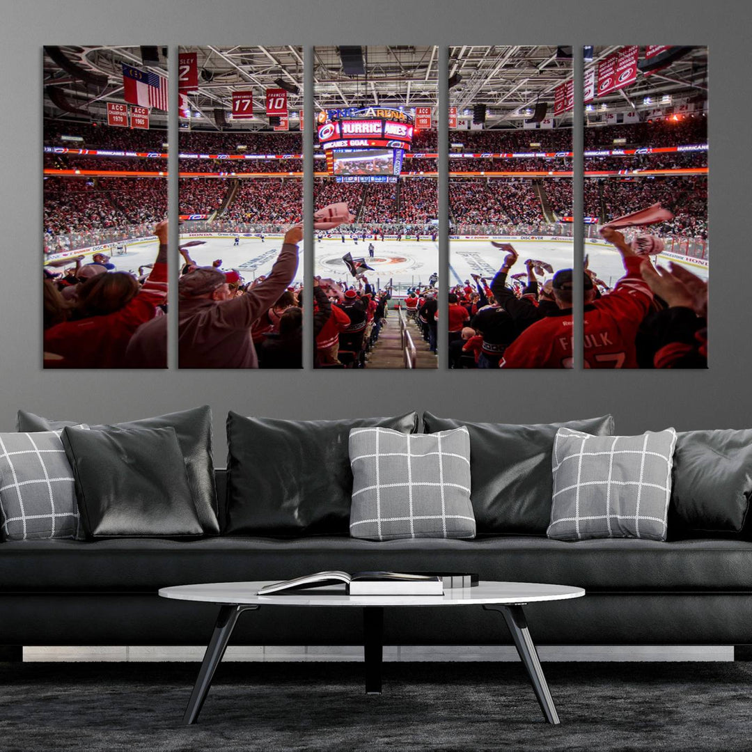 A museum-quality canvas print captures the excitement of hockey enthusiasts cheering in a bustling arena. This artwork provides a vibrant depiction of the Carolina Hurricanes Ice Hockey Stadium.