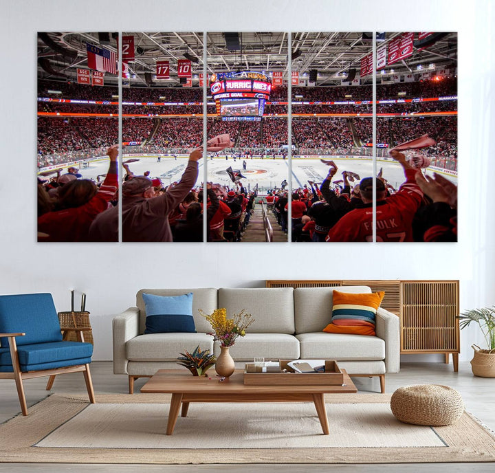 A museum-quality canvas print captures the excitement of hockey enthusiasts cheering in a bustling arena. This artwork provides a vibrant depiction of the Carolina Hurricanes Ice Hockey Stadium.