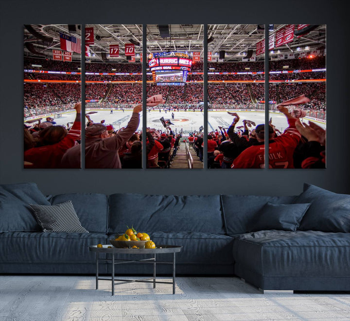 A museum-quality canvas print captures the excitement of hockey enthusiasts cheering in a bustling arena. This artwork provides a vibrant depiction of the Carolina Hurricanes Ice Hockey Stadium.