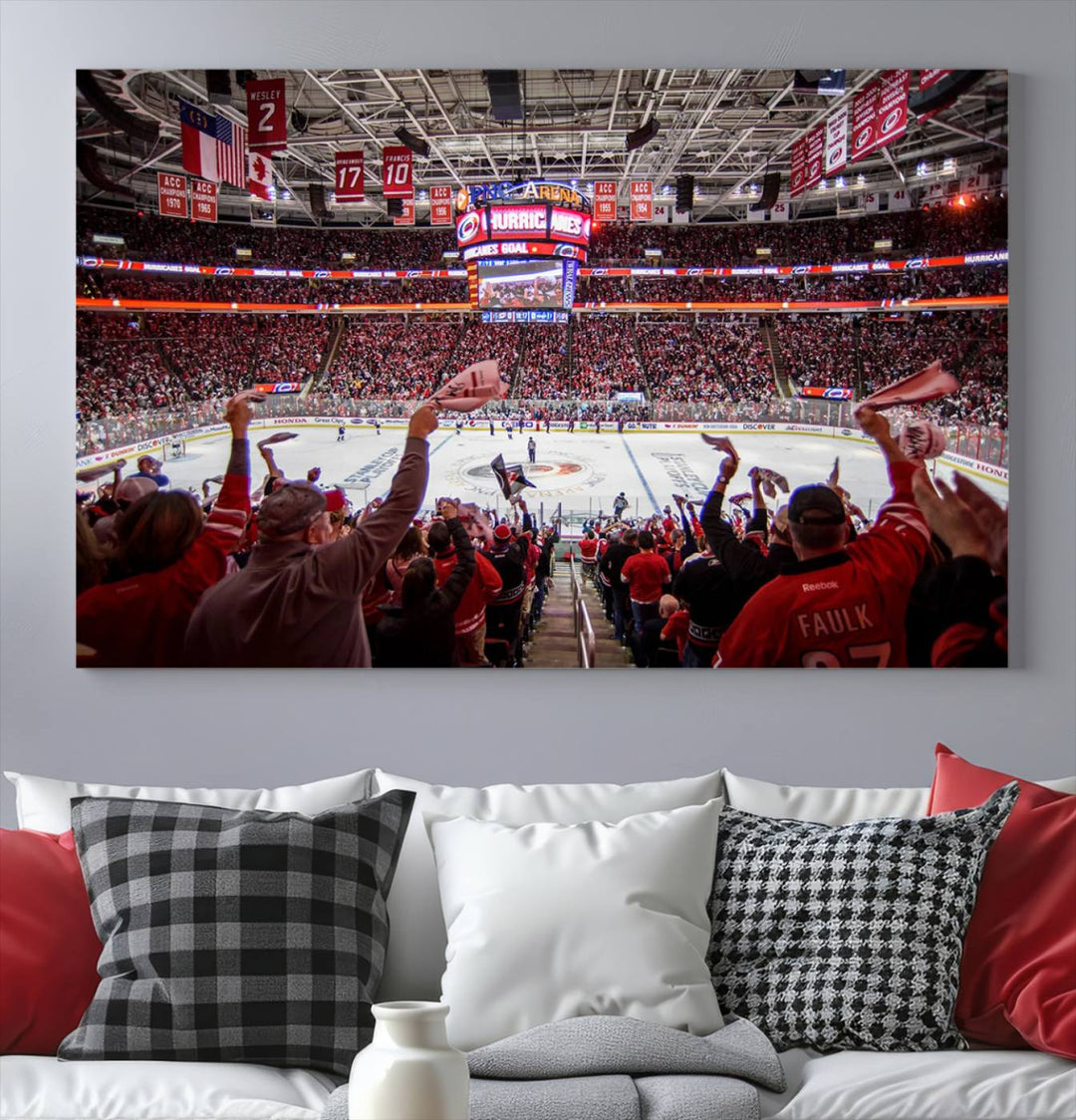 A museum-quality canvas print captures the excitement of hockey enthusiasts cheering in a bustling arena. This artwork provides a vibrant depiction of the Carolina Hurricanes Ice Hockey Stadium.