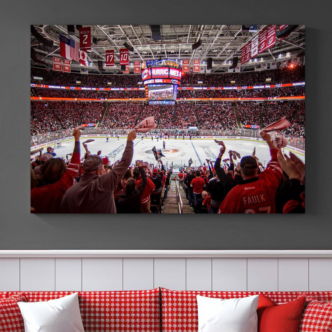 A museum-quality canvas print captures the excitement of hockey enthusiasts cheering in a bustling arena. This artwork provides a vibrant depiction of the Carolina Hurricanes Ice Hockey Stadium.