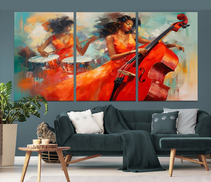 The "Cello Musician Abstract African American Wall Art" is a striking triptych showcasing a woman in an orange dress playing drums and a cello, exquisitely rendered on museum-quality canvas. This artwork arrives hand-assembled with framing and ready to hang, with free shipping included.