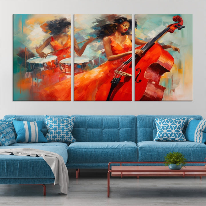 The "Cello Musician Abstract African American Wall Art" is a striking triptych showcasing a woman in an orange dress playing drums and a cello, exquisitely rendered on museum-quality canvas. This artwork arrives hand-assembled with framing and ready to hang, with free shipping included.