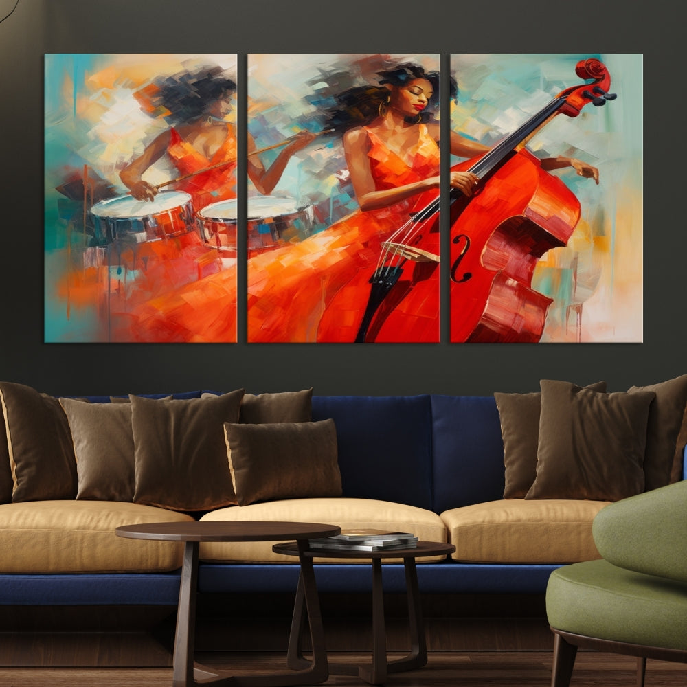 The "Cello Musician Abstract African American Wall Art" is a striking triptych showcasing a woman in an orange dress playing drums and a cello, exquisitely rendered on museum-quality canvas. This artwork arrives hand-assembled with framing and ready to hang, with free shipping included.