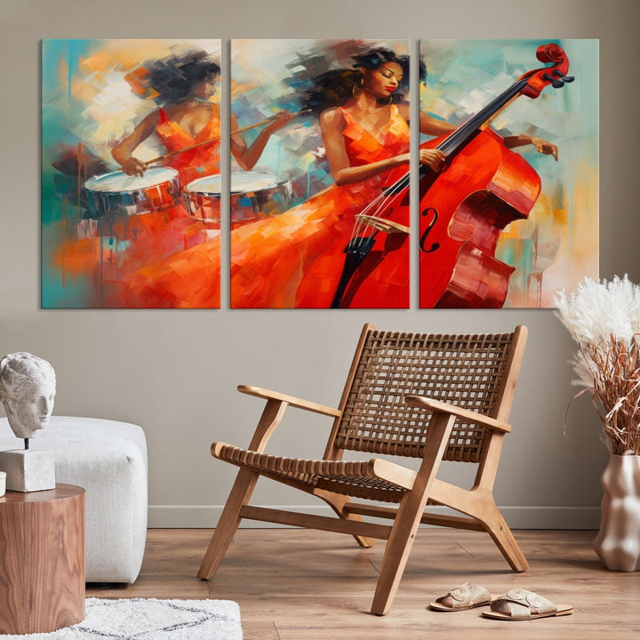 The "Cello Musician Abstract African American Wall Art" is a striking triptych showcasing a woman in an orange dress playing drums and a cello, exquisitely rendered on museum-quality canvas. This artwork arrives hand-assembled with framing and ready to hang, with free shipping included.