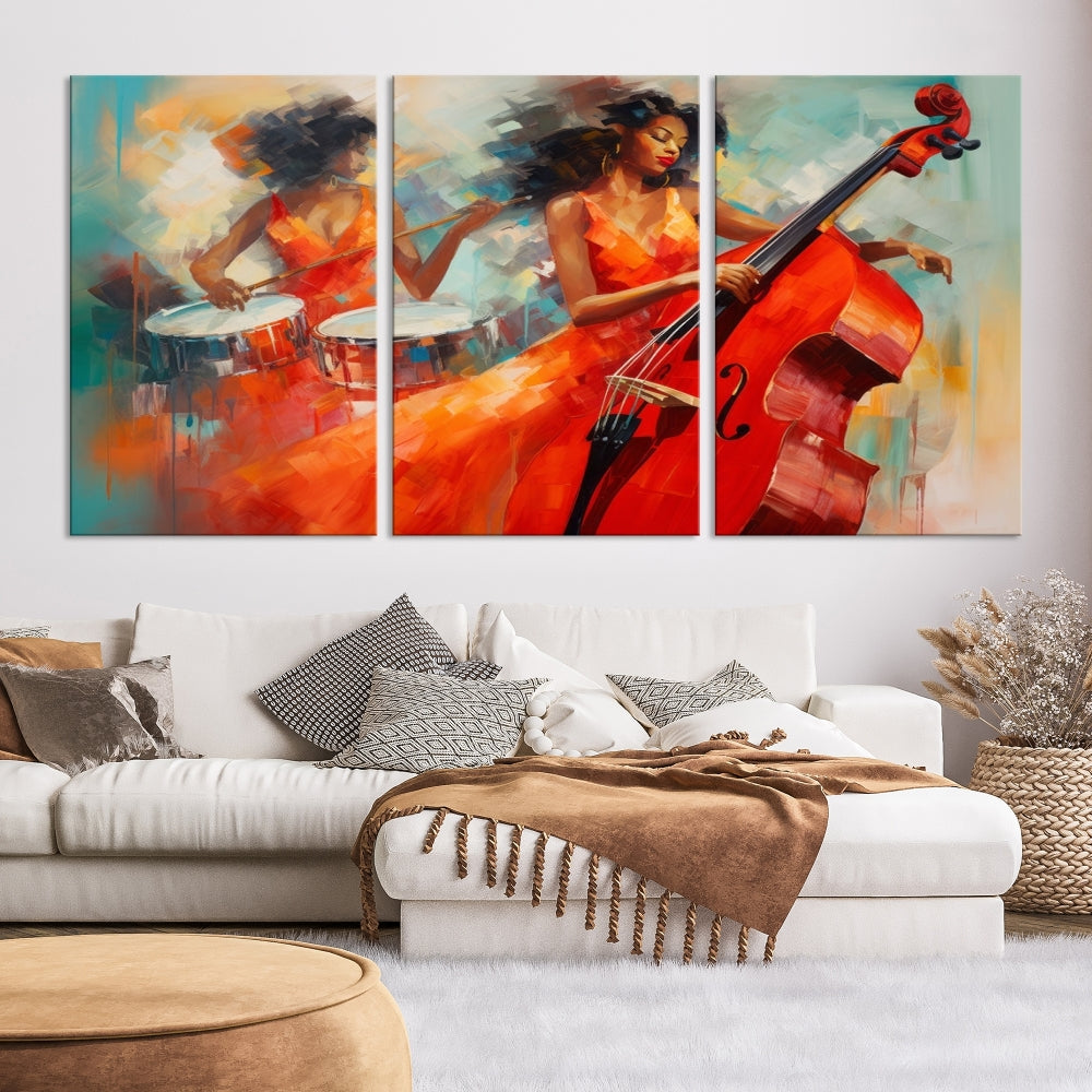 The "Cello Musician Abstract African American Wall Art" is a striking triptych showcasing a woman in an orange dress playing drums and a cello, exquisitely rendered on museum-quality canvas. This artwork arrives hand-assembled with framing and ready to hang, with free shipping included.