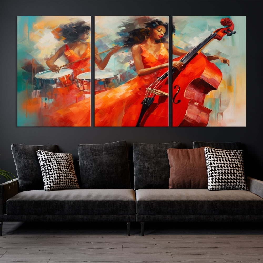 The "Cello Musician Abstract African American Wall Art" is a striking triptych showcasing a woman in an orange dress playing drums and a cello, exquisitely rendered on museum-quality canvas. This artwork arrives hand-assembled with framing and ready to hang, with free shipping included.