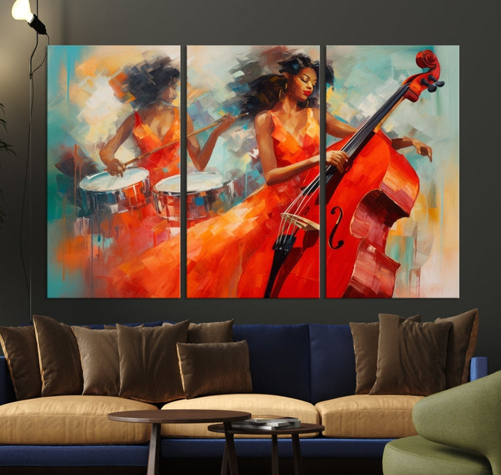 The "Cello Musician Abstract African American Wall Art" is a striking triptych showcasing a woman in an orange dress playing drums and a cello, exquisitely rendered on museum-quality canvas. This artwork arrives hand-assembled with framing and ready to hang, with free shipping included.