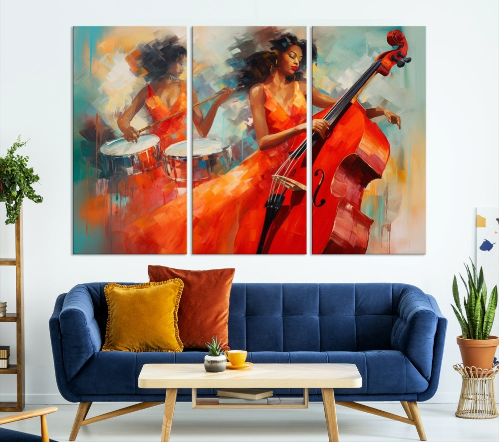 The "Cello Musician Abstract African American Wall Art" is a striking triptych showcasing a woman in an orange dress playing drums and a cello, exquisitely rendered on museum-quality canvas. This artwork arrives hand-assembled with framing and ready to hang, with free shipping included.